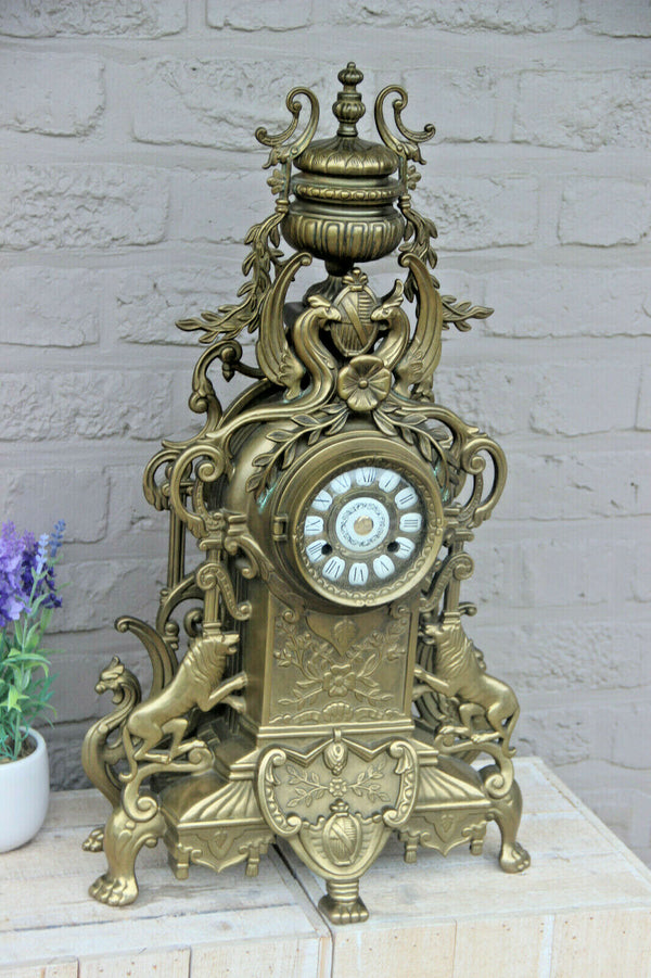HUGE XL Bronze French antique Castle gothic lion dragon mantel clock