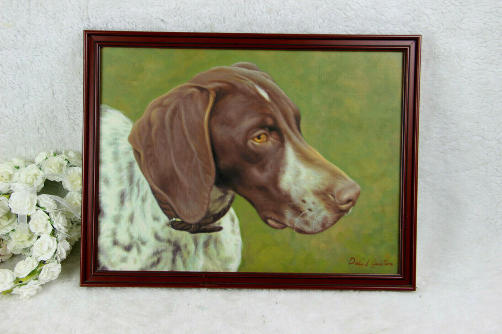 Vintage French oil canvas pianting Pointer hunting dog portrait signed