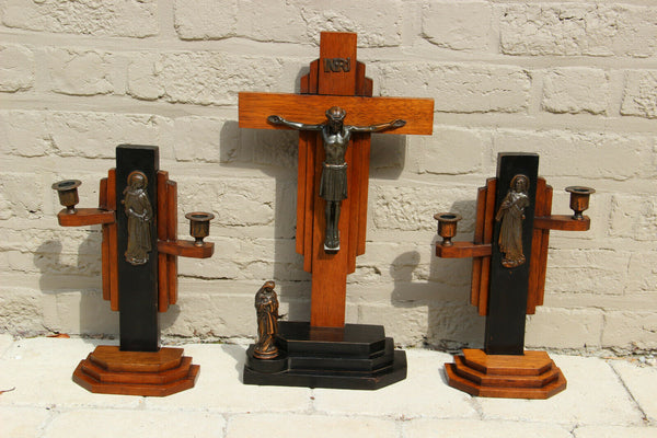 Antique ART DECO crucifix candlestick religious set wood metal