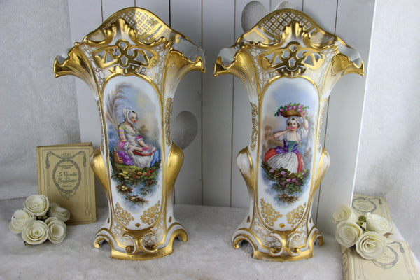 Stunning PAIR XL Antique Vieux old paris porcelain Vases victorian lady portrait