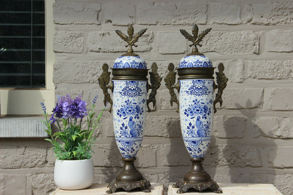 PAIR antique Delft blue white pottery bird floral decor Vases urns