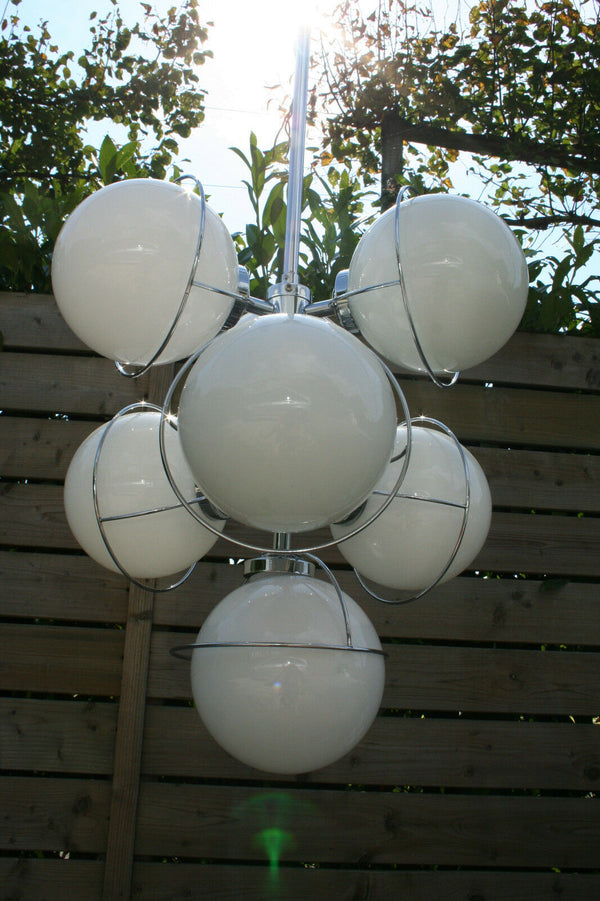 Retro Mid-century Chrome 7 opaline glass globes sputnik atomic chandelier 70's