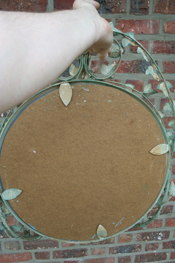 French antique 1930 Metal leaves art nouveau glass mirror with candle holders