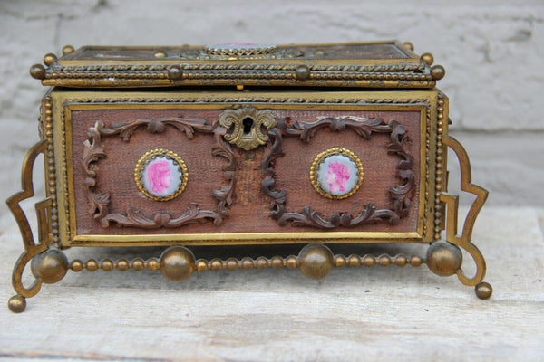 Vintage French Wood carved brass box knight medaillons plaques