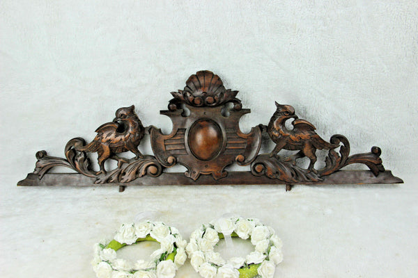 Antique large French pediment fronton wood carved gothic phenix dragon birds