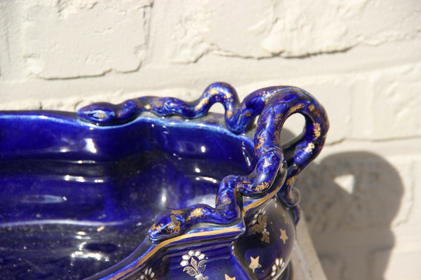 XL French antique majolica planter jardiniere Fleur de lys enamel dolphin snake