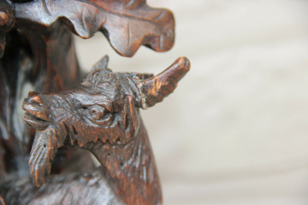 Antique Swiss Black forest wood carved candle holder Statue deer