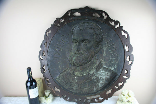 Black forest Wood carved Copper embossed Wall plaque Charles quint portrait