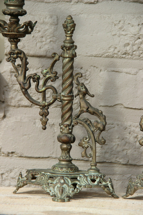 PAIR antique French bronze castle dragon rare candle holder neo gothic