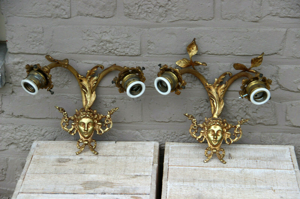 PAIR vintage French brass Caryatid Medusa portrait  head wall lights sconces