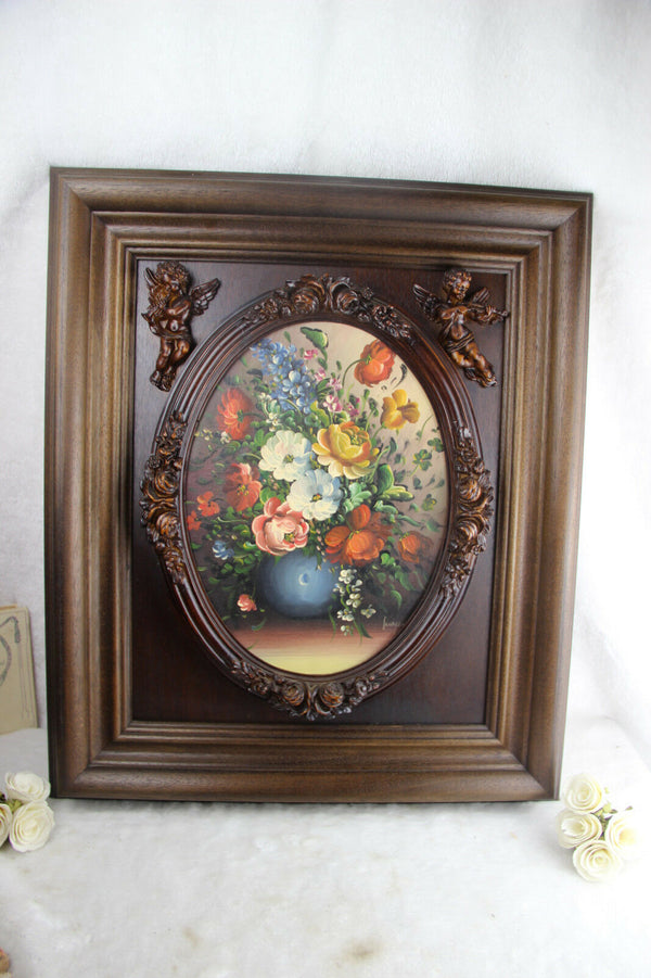Gorgeous 1970 Flemish oil canvas maroufle painting putti cherubs frame wood