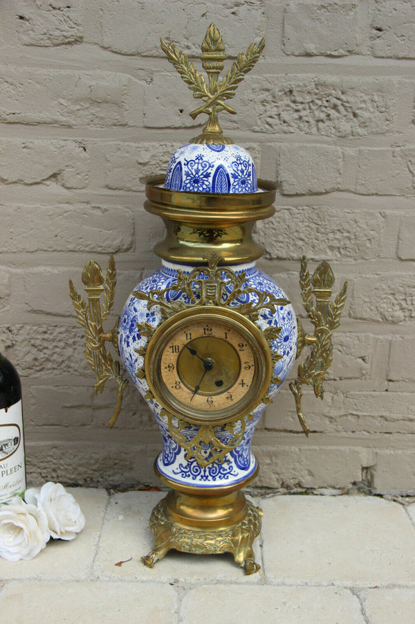 Huge DeLFT blue white pottery floral bird decor mantel clock