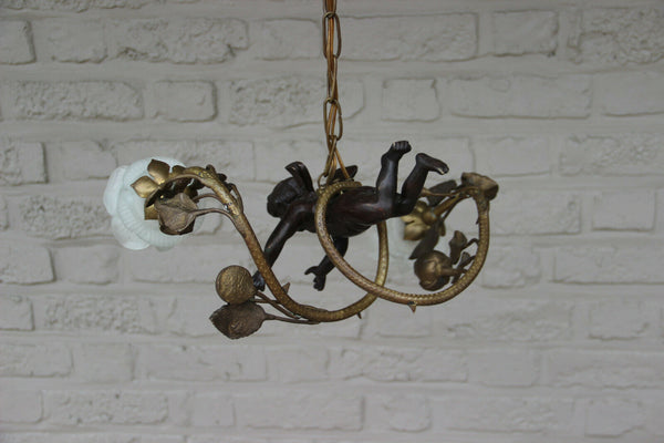 Antique French putti angel Bronze rose flower Glass tulip shades chandelier lamp
