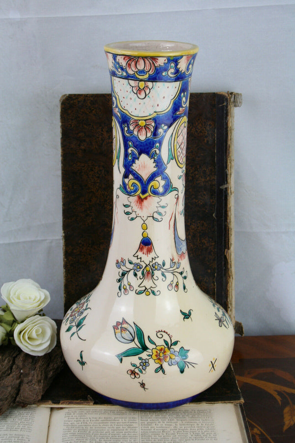 French Faience Longwy pottery Vase Polychrome 1920  marked art deco porcelain