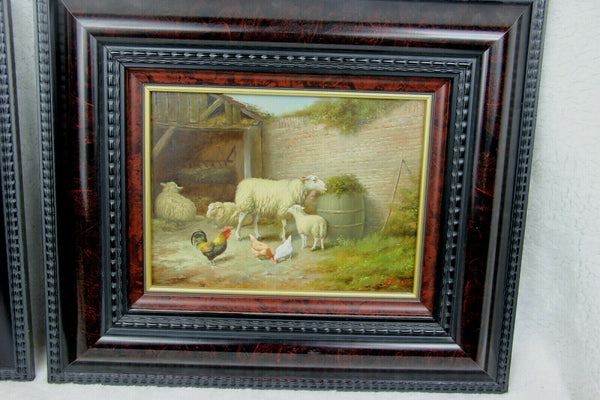 PAIR oil panel painting Sheep lamb chicken rooster farm signed HILAIRE BALS