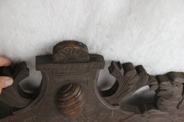 French antique wood carved dragon griffin pediment cabinet fronton gothic