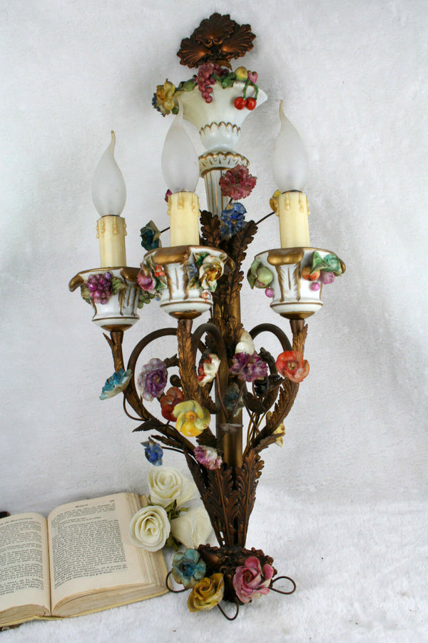 Vintage Italian porcelain flower Wall light 3 arms 1970's metal sconce