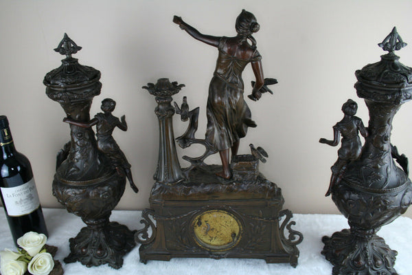 French spelter bronze Clock set Vases urns garniture 1960's art nouveau lady fig