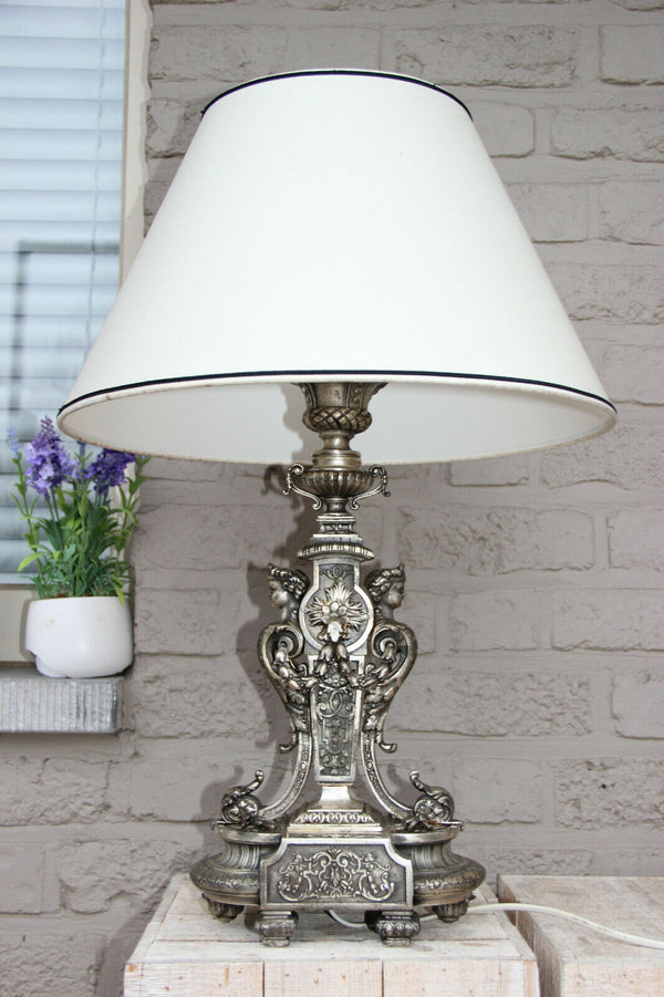 French Vintage bronze silver patina Caryatid angel cherub winged figurines lamp