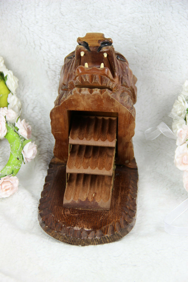 Vintage Mid century Wood carved lion panther head cigarettes cigar cave box