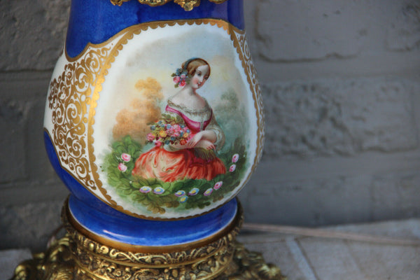 Antique pair 19thc french vieux paris porcelain table lamps portrait floral