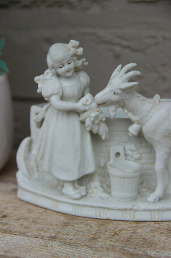 French vintage Small bisque porcelain girl with ram planter jardiniere vase