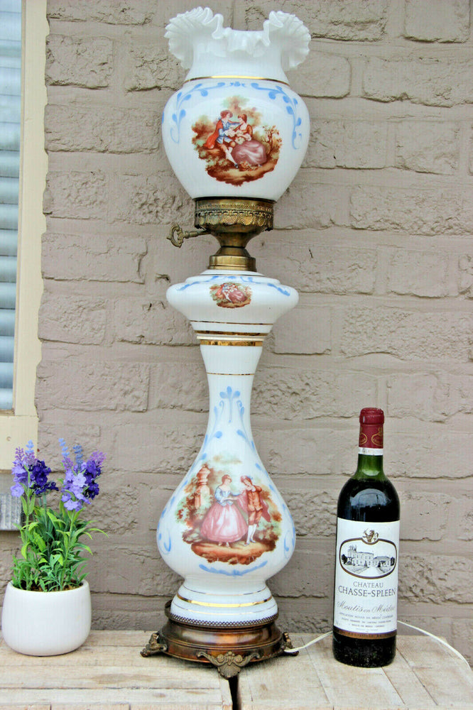 Stunning Vintage 1960 French opaline glass victorian scene table lamp rare