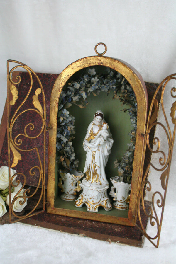 Antique 1925 old paris madonna porcelain in shrine chapel matching vases silk fl