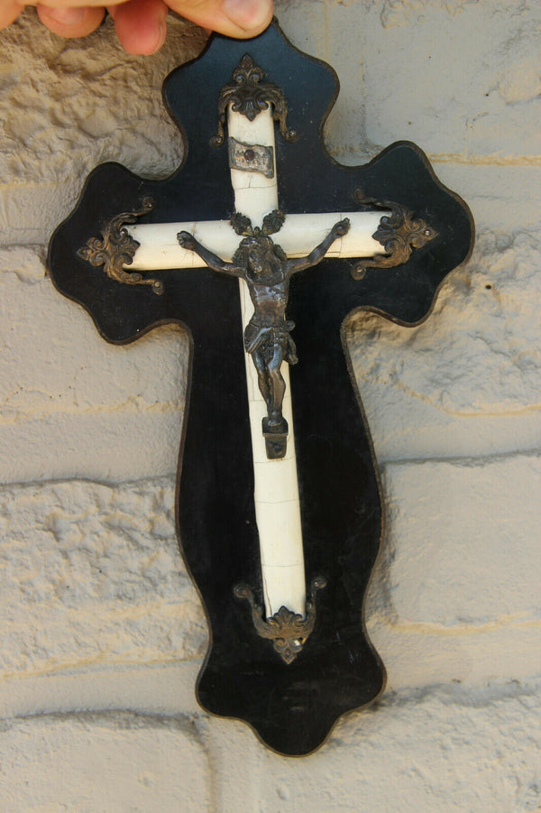 Antique French religious Crucifix cross christ wood black lacquered napoleon III