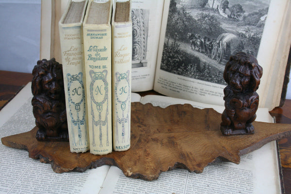 Black forest folk art Wood carved Book ends lions German 1900 antique