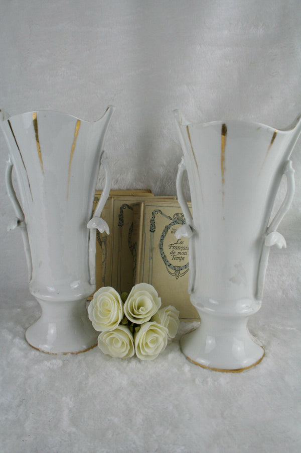 PAIR French OLD PARIS VIEUX porcelain Vases Gold gilt flower decoration