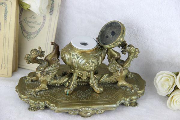 French antique bronze dragons gothic inkwell desk