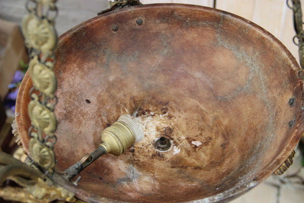 Gorgeous French amber alabaster bowl coupe caryatid heads chandelier lamp