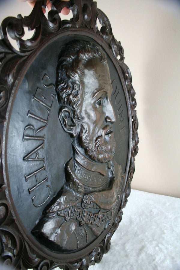 Black forest Wood carved Copper embossed Wall plaque Charles quint portrait