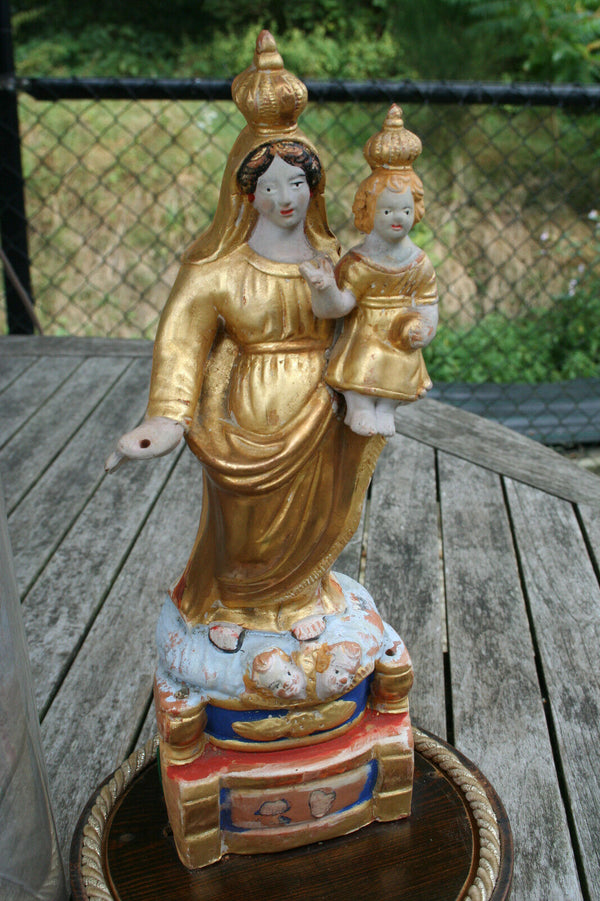 French rare polychrome 19thc Religious terracotta madonna statue glass dome