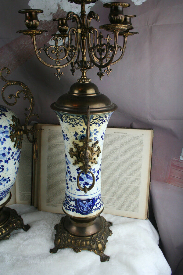 XXL Delft Bluewhite pottery birds decor clock candelabras 1930 Holland mantel