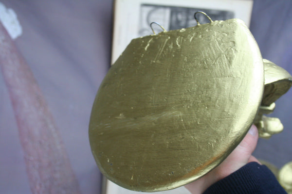 Pair French antique chalkware gold gilted Faun devil satyr head wall consoles