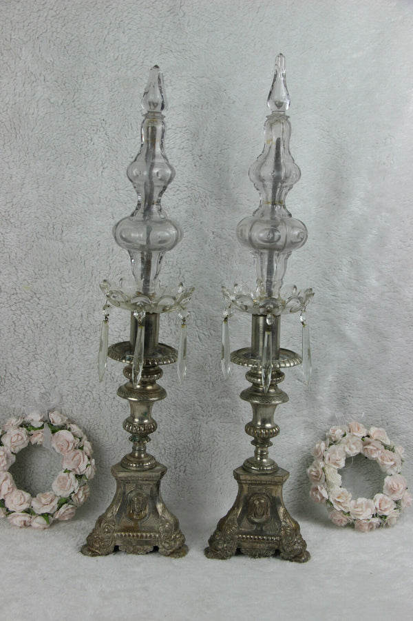 PAIR antique religious Bronze Candlesticks church crystal glass portrait heads