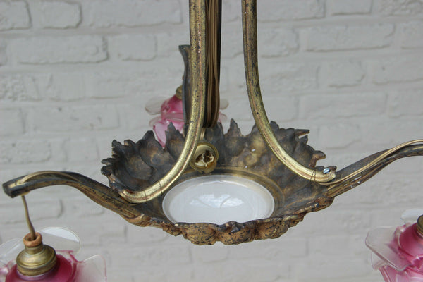 Antique art nouveau french pink tulip glass shade 3 arm chandelier pendant