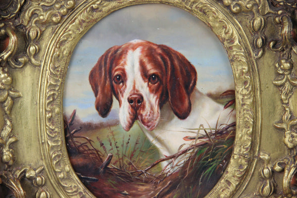 Vintage oil panel painting oval portait dog framed heavy frame