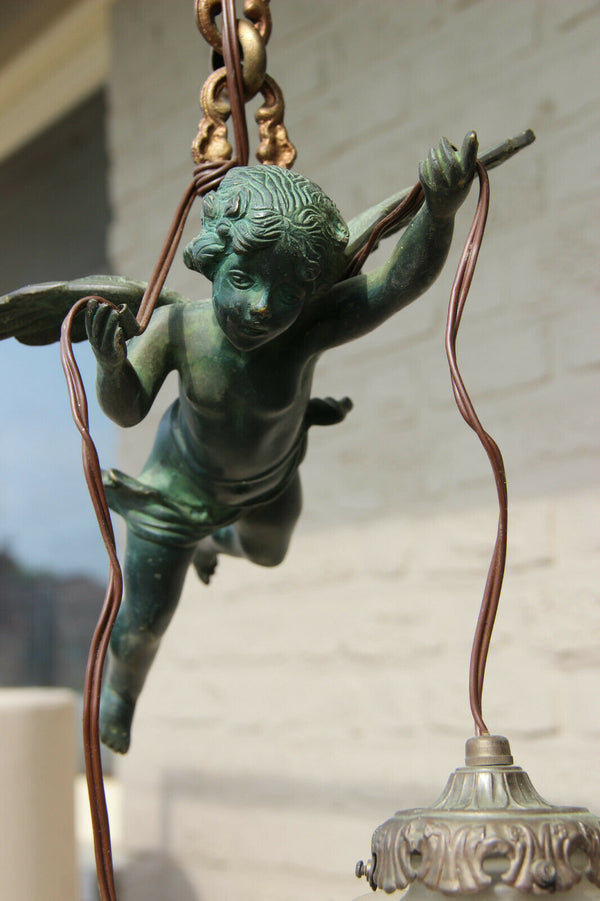 Antique French Bronze green patina putti angel chandelier pendant tulip glass
