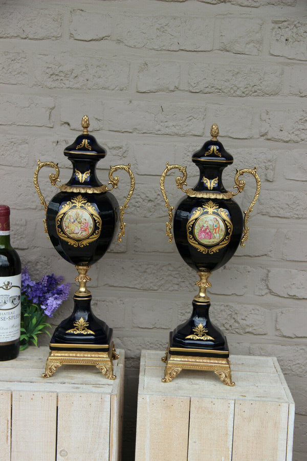 Pair French Limoges cobalt blue Victorian romantic scene Vases 1960 marked