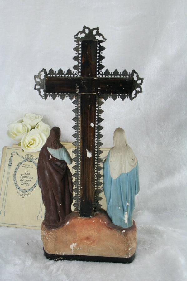 Antique French Plaster chalkware crucifix calvary biscuit Mary MAgdalena Christ