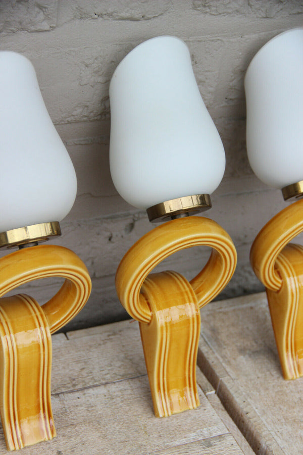 Set 3 Retro Ceramic yellow 1950s opaline glass  wall lights sconces VALLAURIS