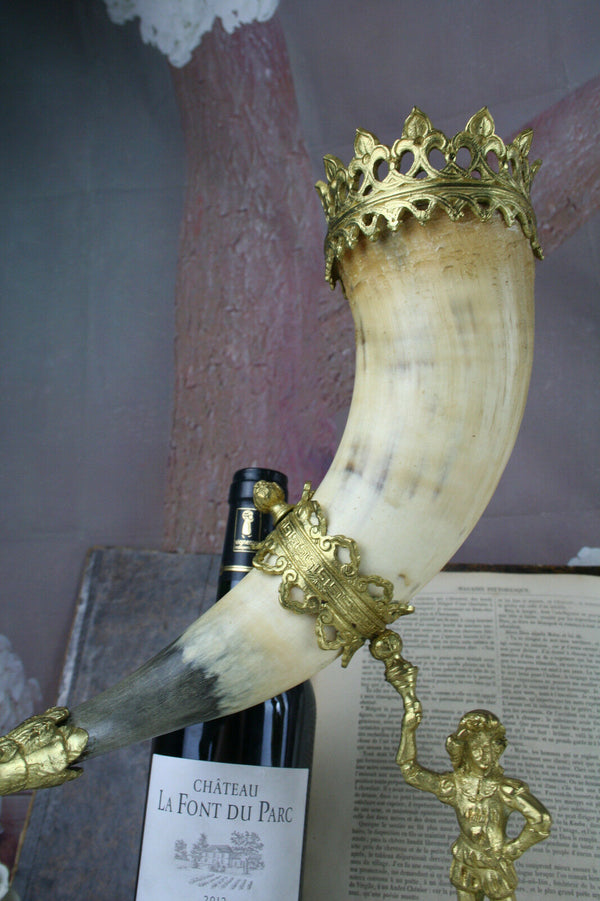 gorgeous french antique pair cornucopia horns figurines 1900 brass