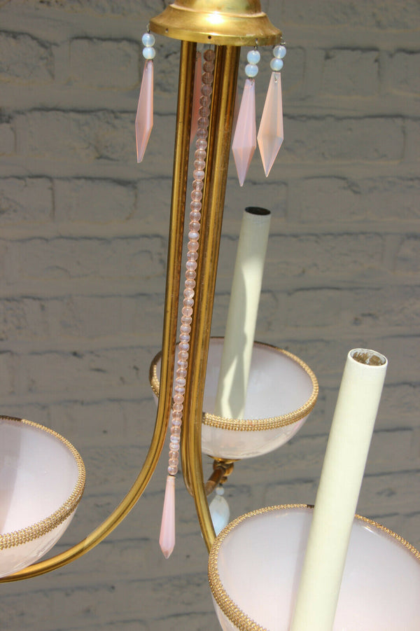 Vintage Murano opaline soft pastel pink white glass drops chandelier pendant 70s