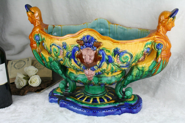 French Art nouveau 1900 Caryatid Lion head Barbotine majolica Planter Vase n1