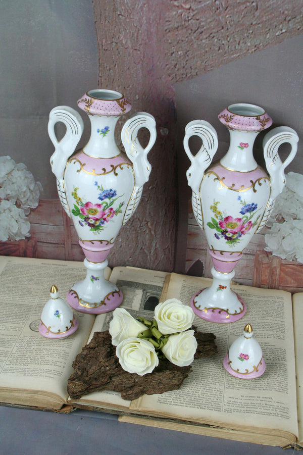Exclusive PAIR French porcelain vases Swan handles marked floral pink limoges