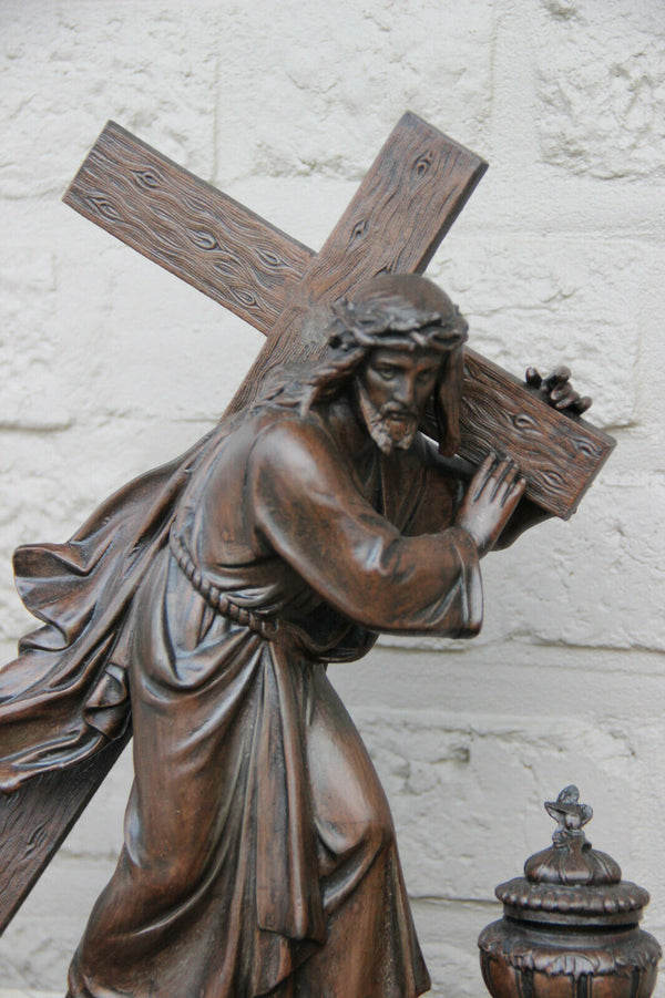 Antique French spelter bronze marble base Jesus christ cross statue inkwell