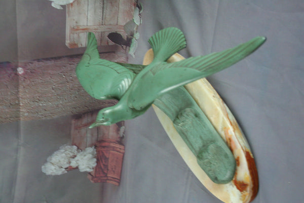 ART Deco 1930's French Metal green patinated Bird on onyx base sculpture